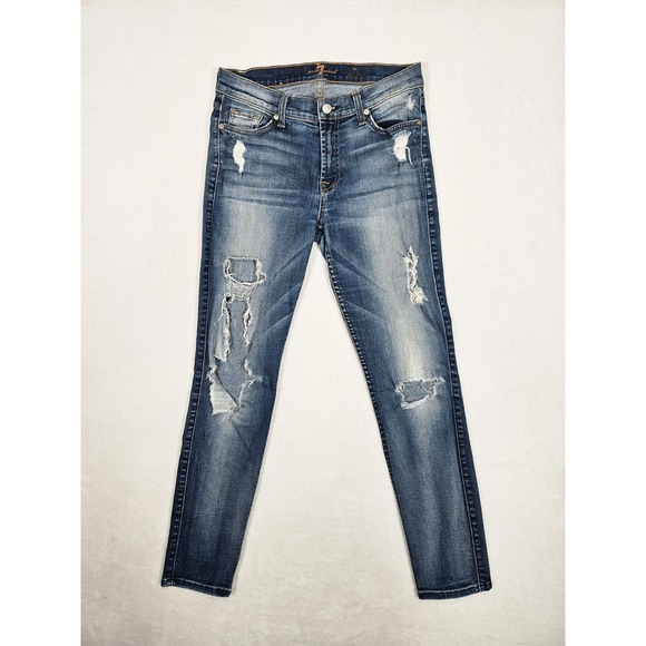 7 For All Mankind Denim - 7 For All Mankind Jeans Womens Size 29 The Skinny Mid Rise‎ Distressed Denim USA